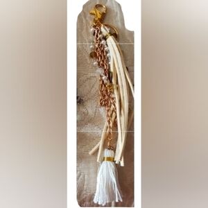Beige Leather & Beaded Purse/Key Chain Charm Handcrafted One Of A Kind NEW